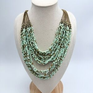 Vintage Teal Green Seed Bead Necklace Multi Layer Braided Multi Chain Gold Tone